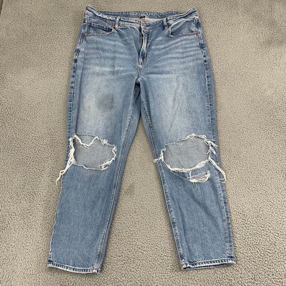 American Eagle Mom‎ Jeans Women 18 Blue Medium Wash Distressed Strigid Denim